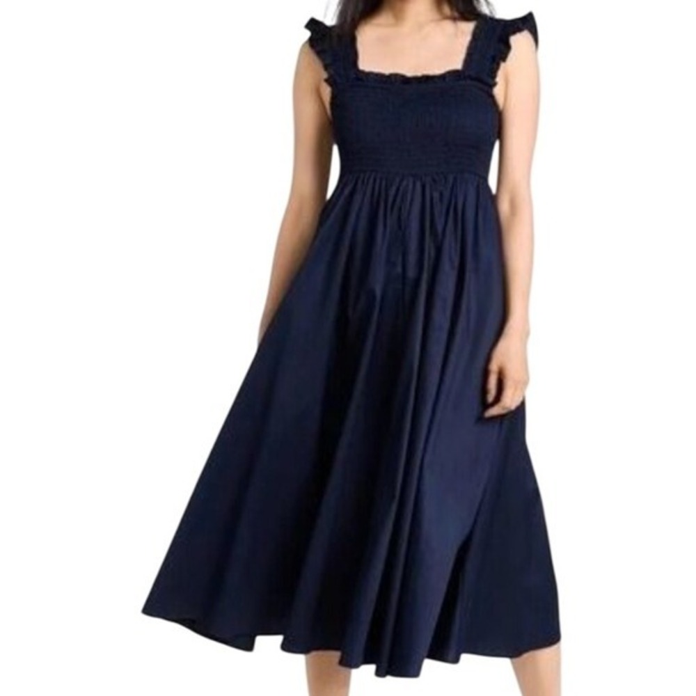 PETITE PLUME Margaux Smocked Midi Nap Dress in Navy